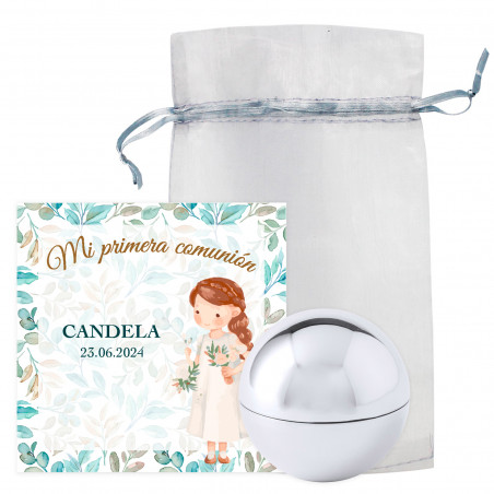 Brillant à lèvres argent dans un sac en organza avec carte de remerciement première communion fille pour les détails