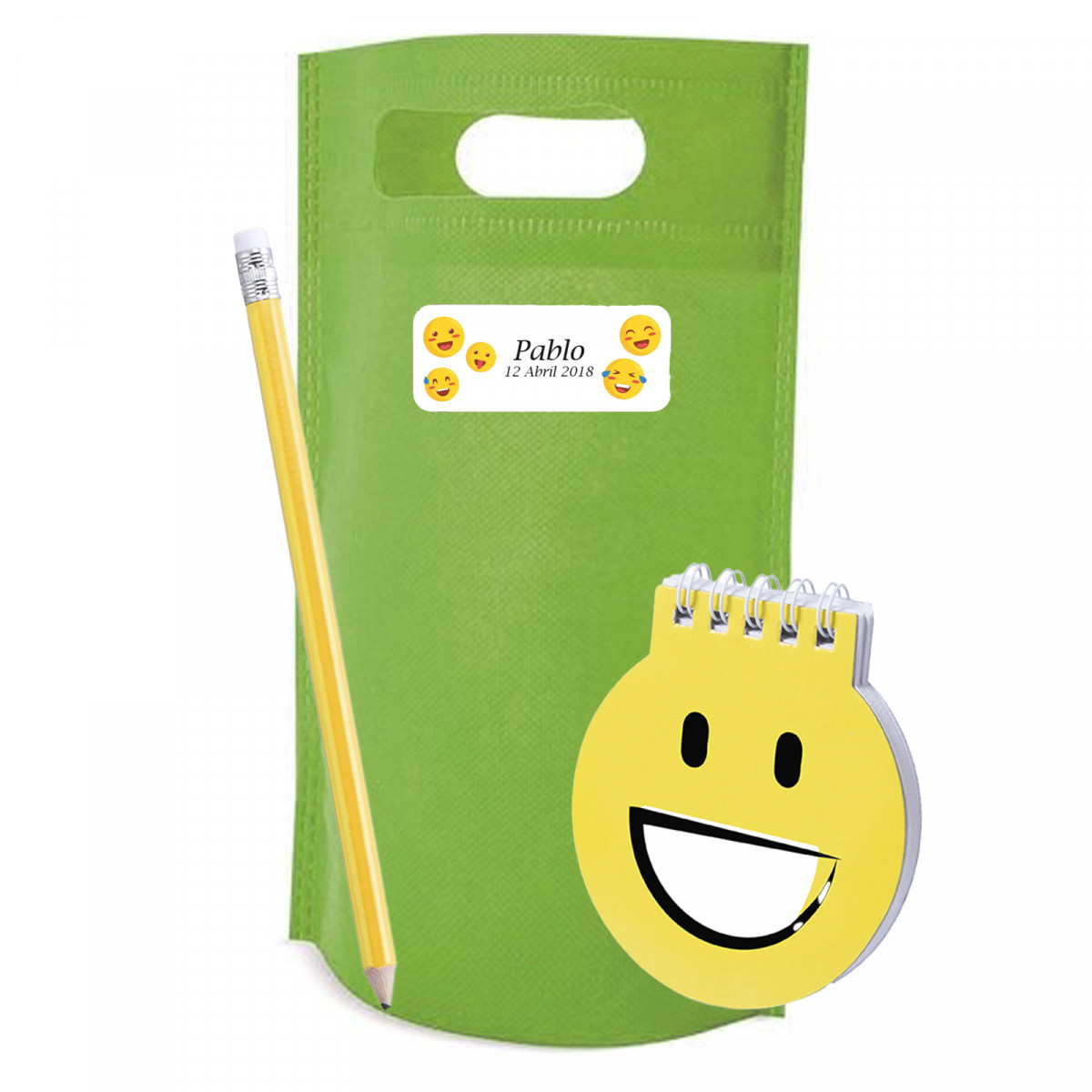 Carnet d\'emojis avec crayon présenté dans un sac et autocollant personnalisé