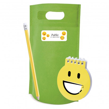 Carnet d'emojis avec crayon présenté dans un sac et autocollant personnalisé