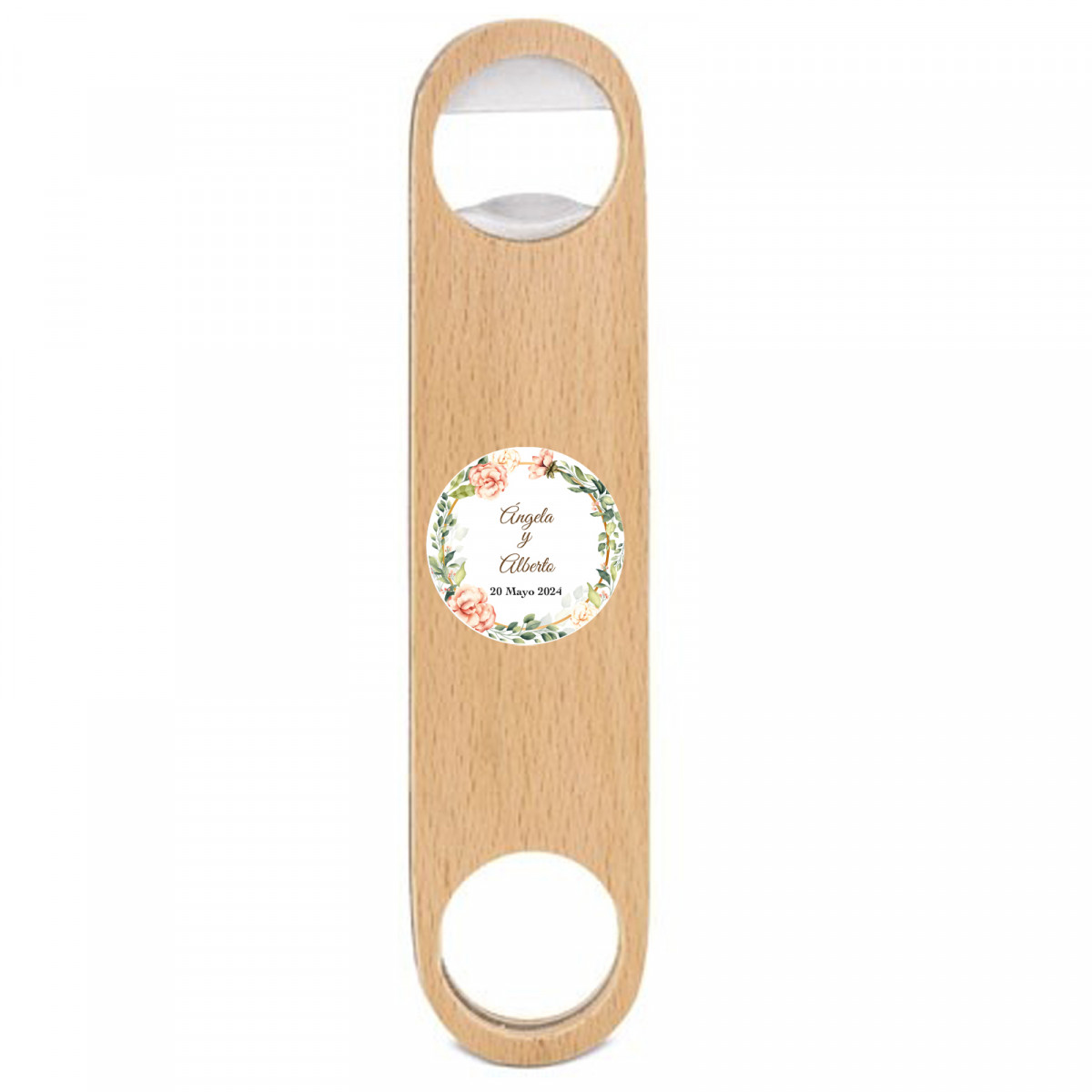 Ouvre-bouteille en bois personnalisé avec adhésif floral