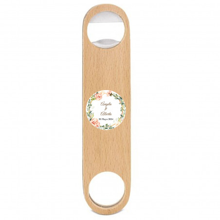 Ouvre-bouteille en bois personnalisé avec adhésif floral