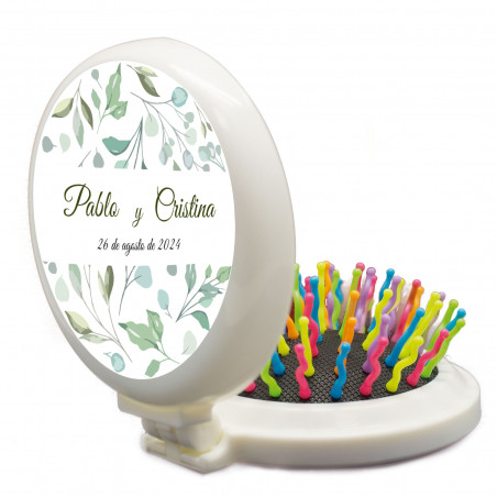 Brosse avec miroir de poche multicolore avec autocollant floral personnalisé