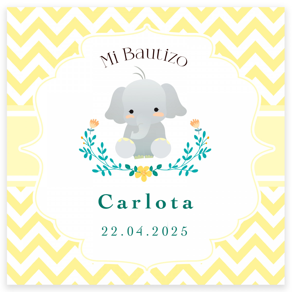 Carte 8x8cm design éléphant personnalisable pour baptêmes
