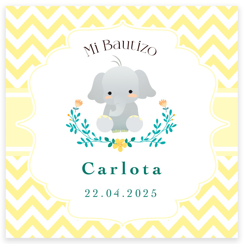 Carte 8x8cm design éléphant personnalisable pour baptêmes
