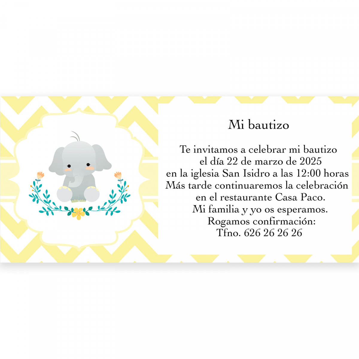 Invitation pour baptême design éléphant unisexe avec enveloppe blanche