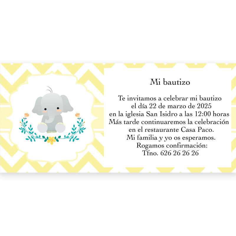 Invitation pour baptême design éléphant unisexe avec enveloppe blanche