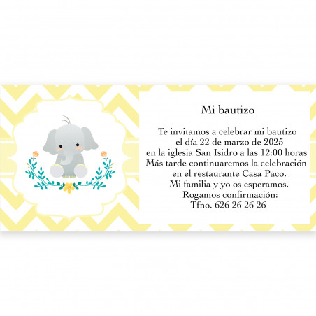 Invitation pour baptême design éléphant unisexe avec enveloppe blanche