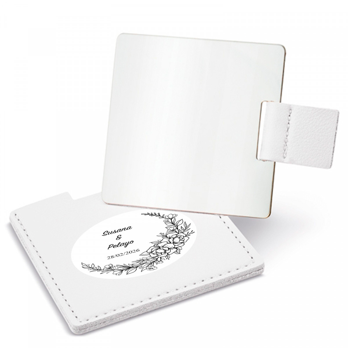 Miroir avec étui et autocollant personnalisable pour les détails de mariage