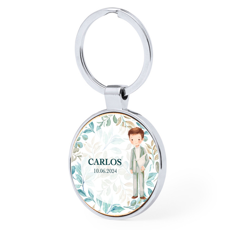 Porte-clés métallique avec adhésif première communion garçon pour les détails