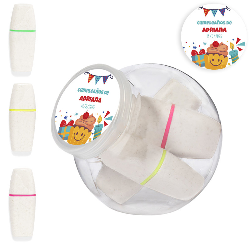 Marqueurs fluorescents dans un pot personnalisé avec autocollant d'anniversaire