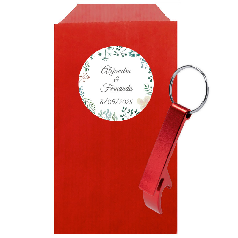 Porte-clé décapsuleur dans une enveloppe kraft avec un autocollant herbal personnalisé pour les détails