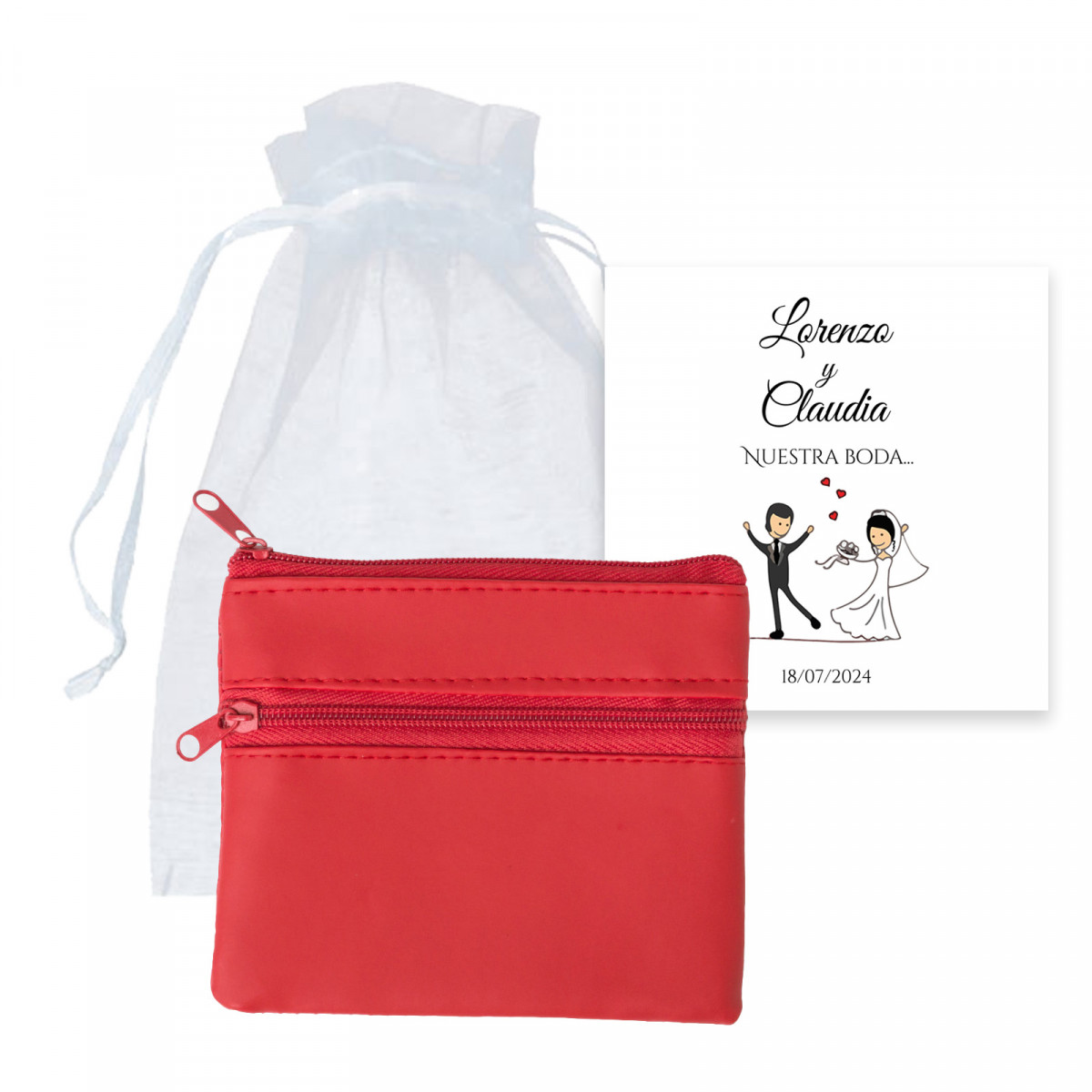Porte-monnaie rouge avec carte personnalisée dans un sac en organza pour les mariages