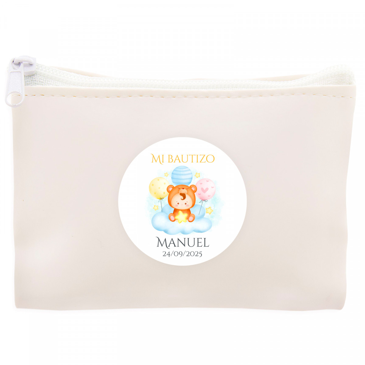 Portefeuille blanc avec autocollant personnalisable avec bébé dans un nuage pour les détails