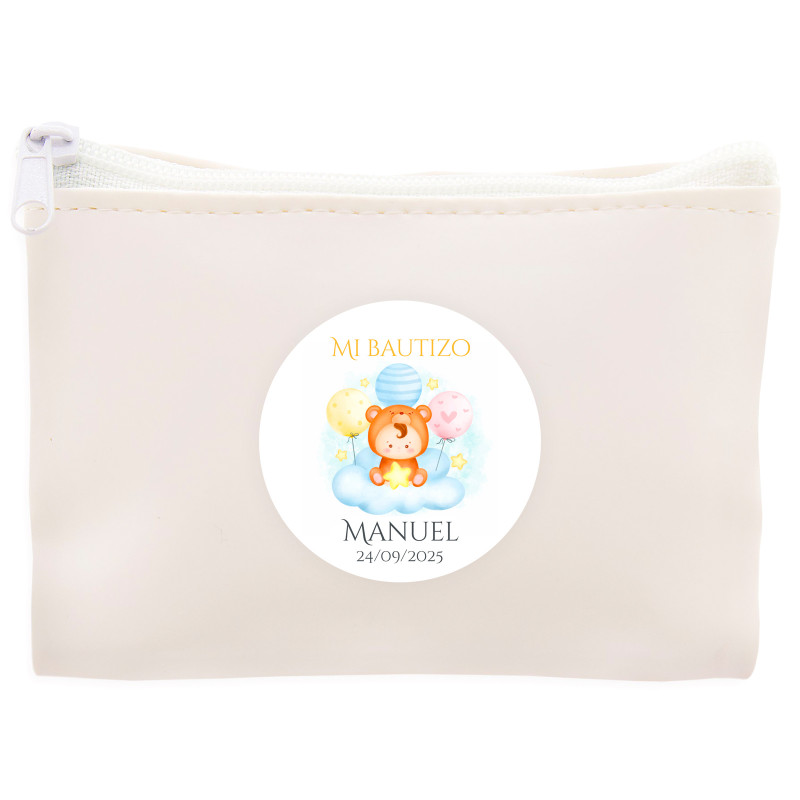 Portefeuille blanc avec autocollant personnalisable avec bébé dans un nuage pour les détails