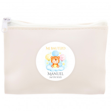 Portefeuille blanc avec autocollant personnalisable avec bébé dans un nuage pour les détails