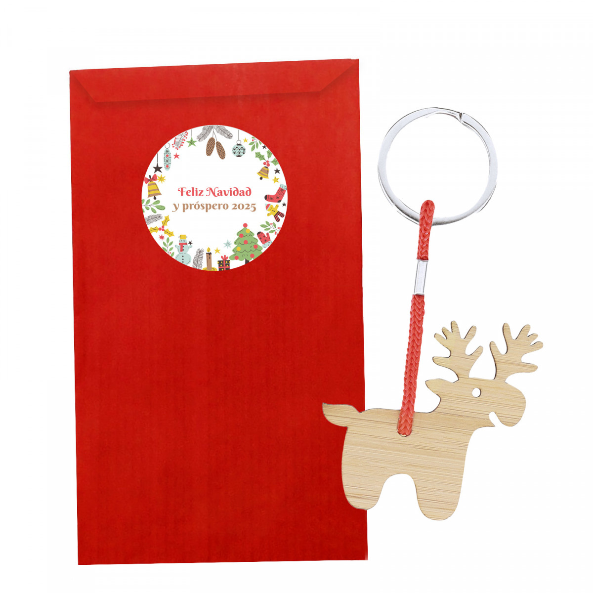 Porte-clés de Noël en bambou dans une enveloppe rouge personnalisée à offrir