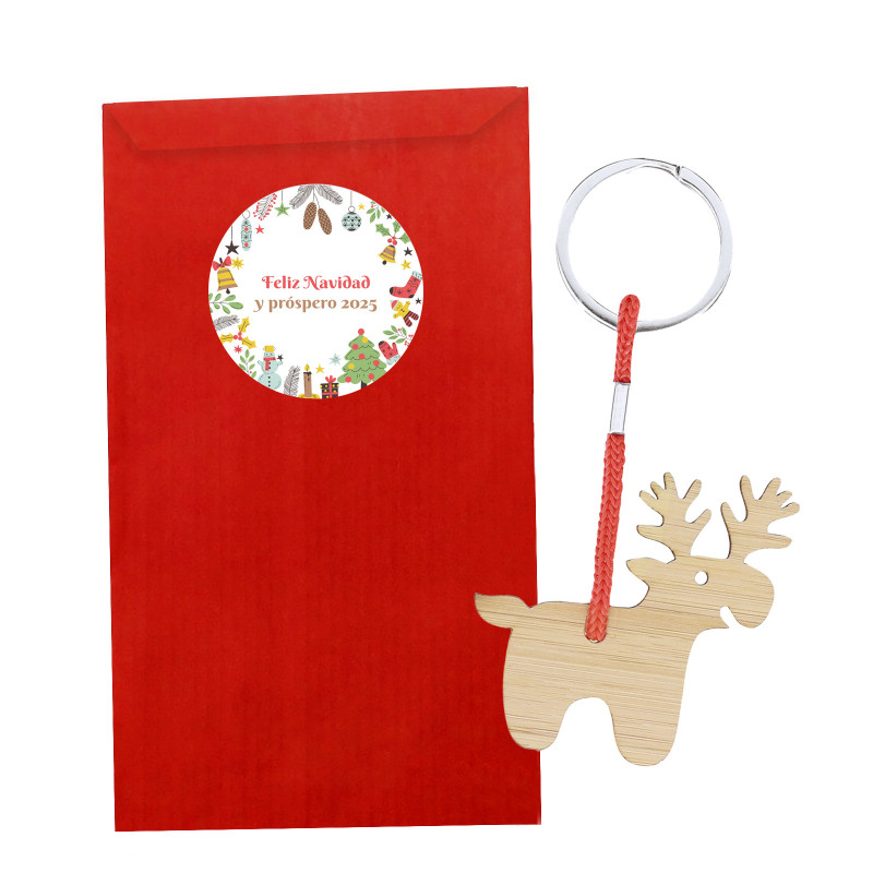 Porte-clés de Noël en bambou dans une enveloppe rouge personnalisée à offrir