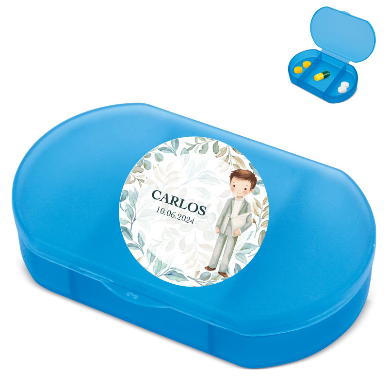 Pilulier bleu trizone personnalisé avec autocollant d'enfant pour communion