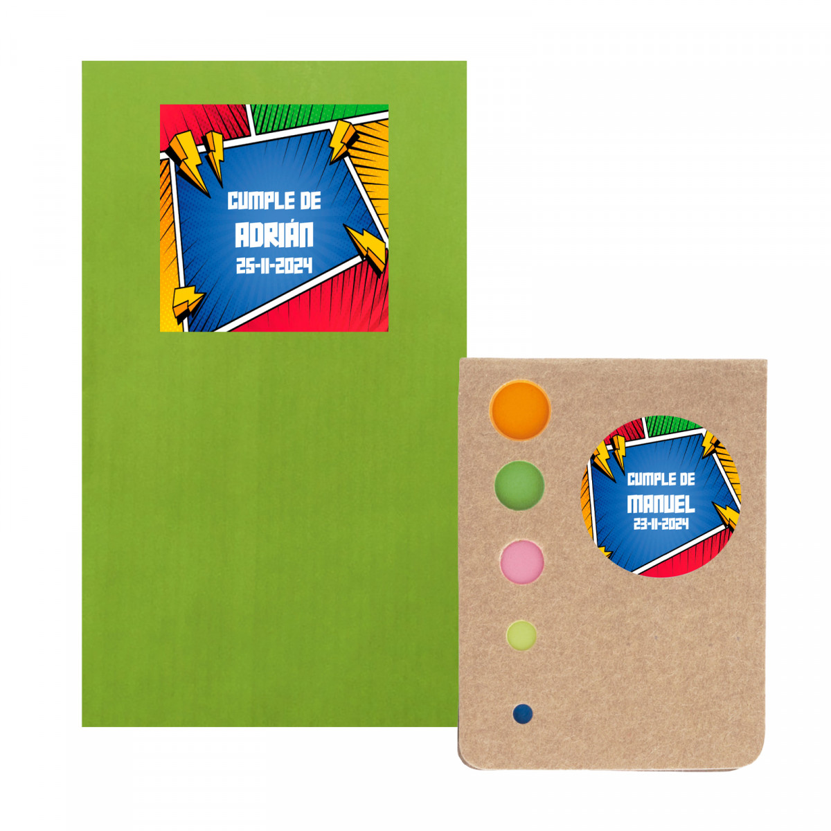 Bloc-notes Post-it avec une enveloppe en kraft vert et des autocollants personnalisés