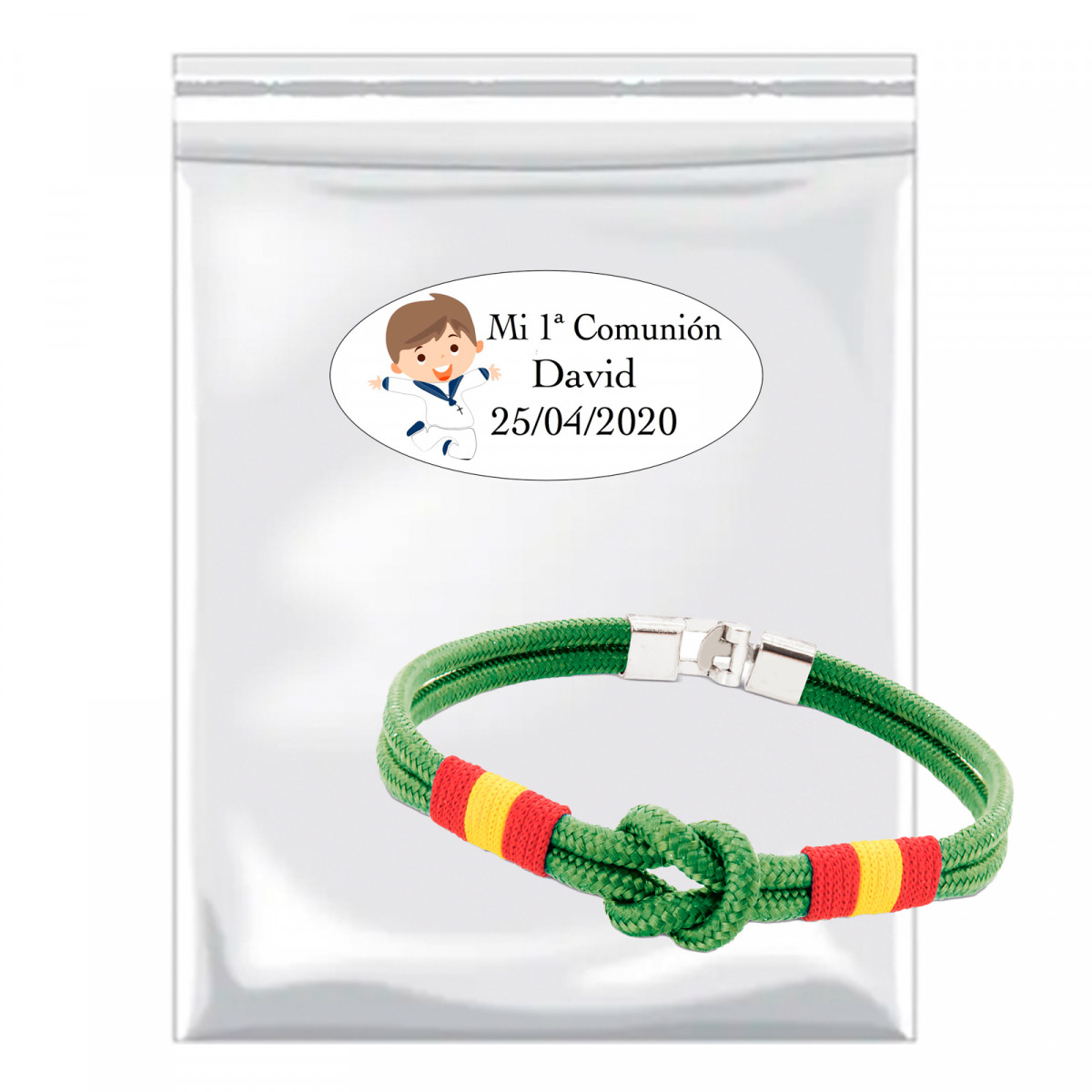 Bracelet en corde dans un sac transparent avec autocollant première communion pour détails