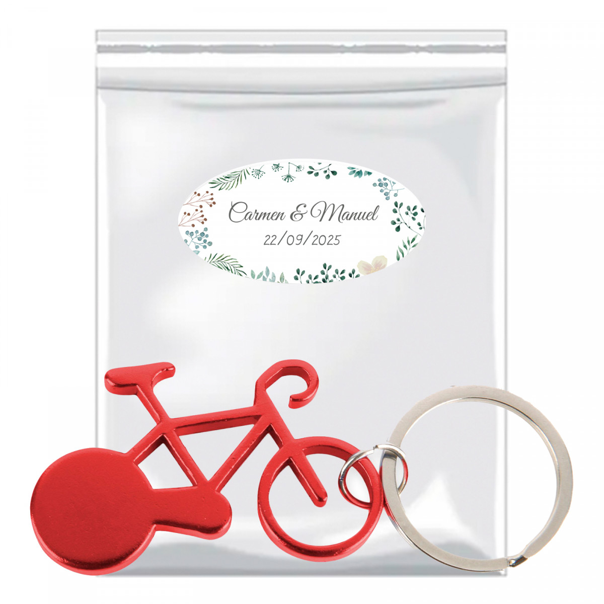 Porte-clés en forme de vélo présenté dans un sac avec rabat adhésif et autocollant herbal personnalisable