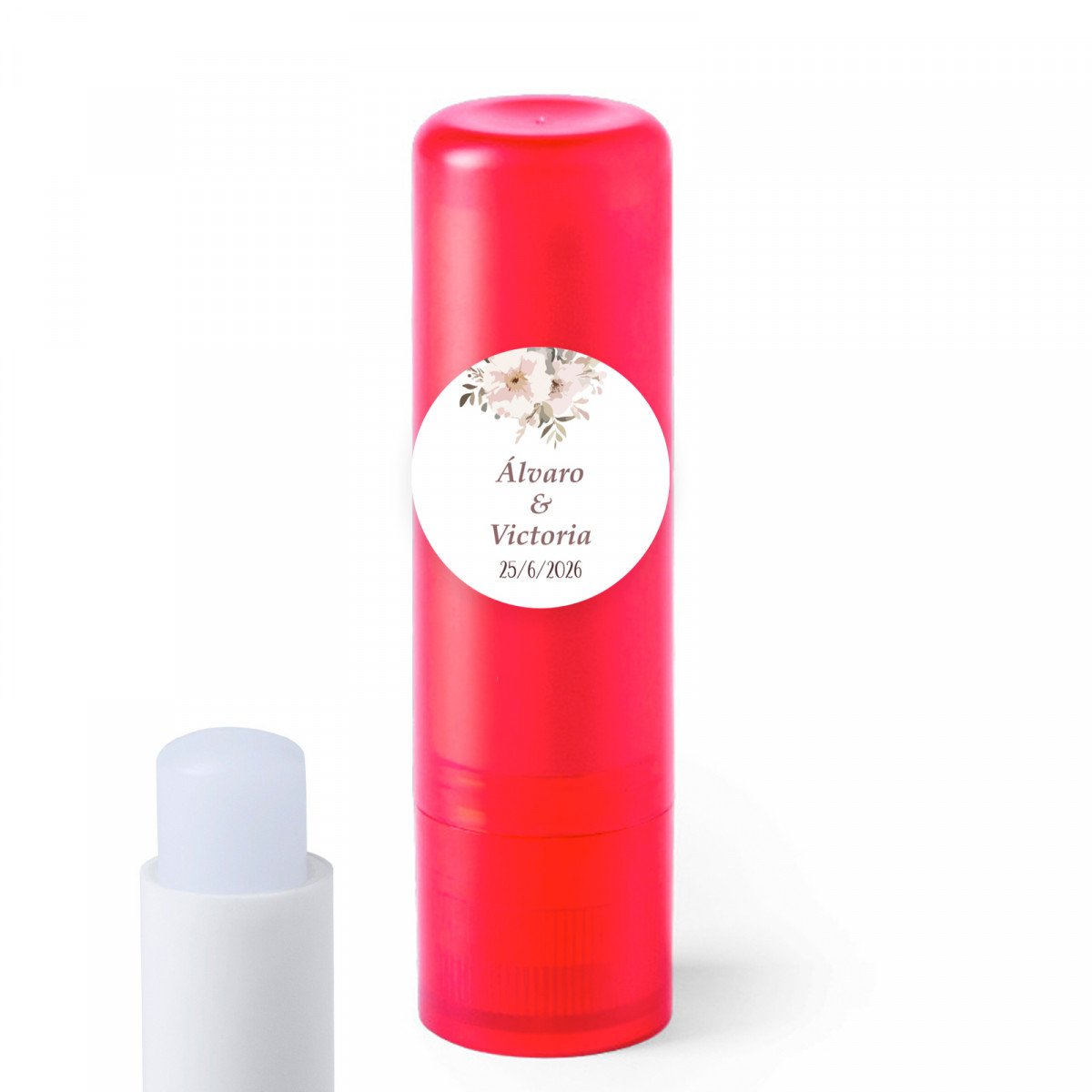 Baume à lèvres avec autocollant personnalisé de 2 cm floral personnalisable pour les détails.