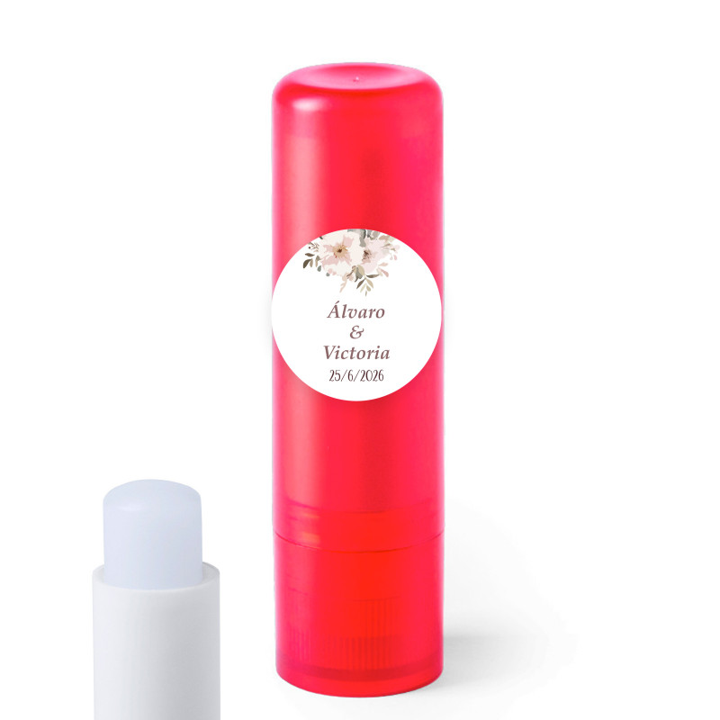 Baume à lèvres avec autocollant personnalisé de 2 cm floral personnalisable pour les détails.