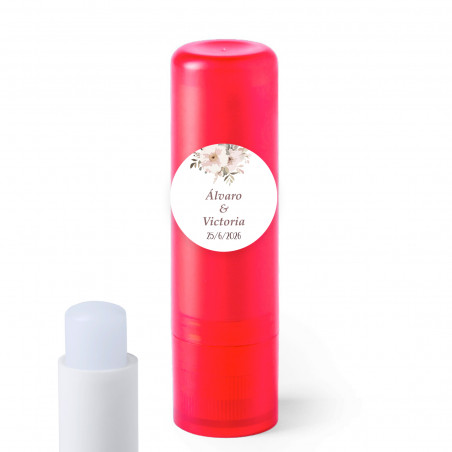 Baume à lèvres avec autocollant personnalisé de 2 cm floral personnalisable pour les détails.