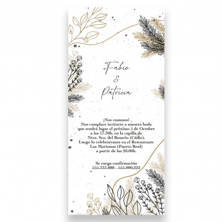 Carte d'invitation verticale avec motif de fleurs et de feuilles imprimée sur papier pour mariages et événements