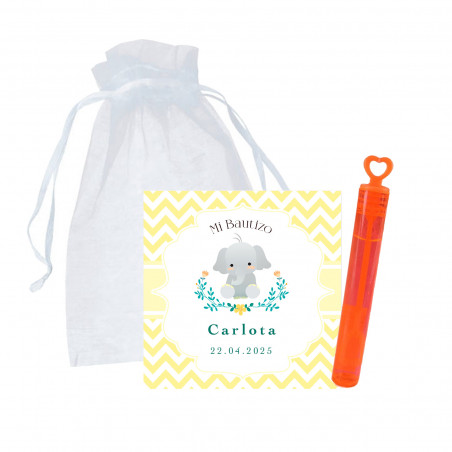 Mini souffleur avec cœur et carte personnalisée éléphant dans un sac en organza pour baptêmes et événements
