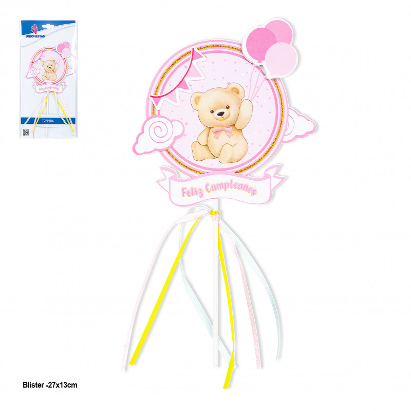 Topper pour anniversaire d'enfant en rose avec ourson