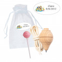 Toupie en bois et sucette en sachet en organza avec un autocollant personnalisé de Mickey Mouse pour un anniversaire