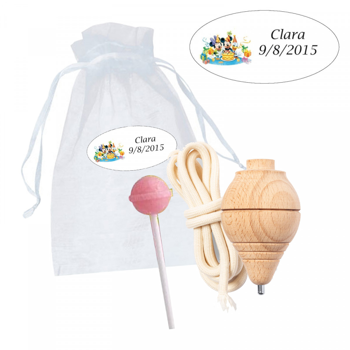 Toupie en bois et sucette en sachet en organza avec un autocollant personnalisé de Mickey Mouse pour un anniversaire