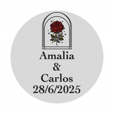 Adhésif avec rose vintage 2cm fond transparent personnalisable pour les mariages