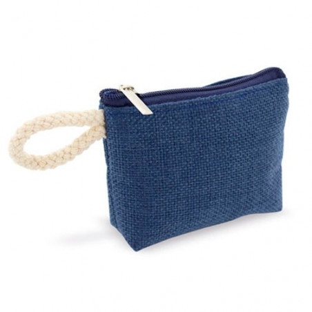 Porte-monnaie bleu en polyester présenté dans une boîte en carton recyclé avec un autocollant personnalisé à offrir.