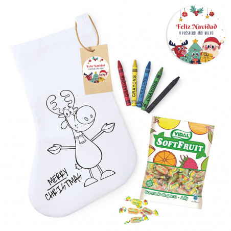 Chaussette de Noël à colorier personnalisée avec des crayons et un sac de bonbons pour les enfants