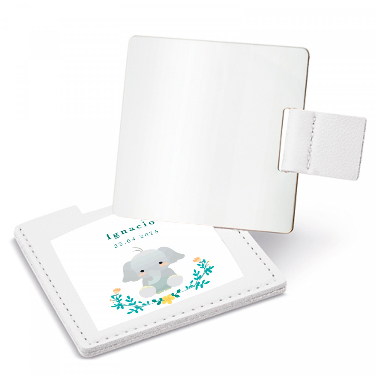 Miroir dans un étui avec adhésif 5x5cm design éléphant personnalisé pour les souvenirs