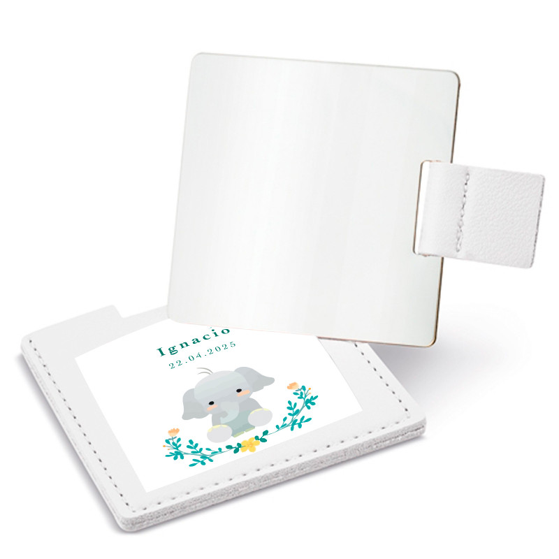 Miroir dans un étui avec adhésif 5x5cm design éléphant personnalisé pour les souvenirs