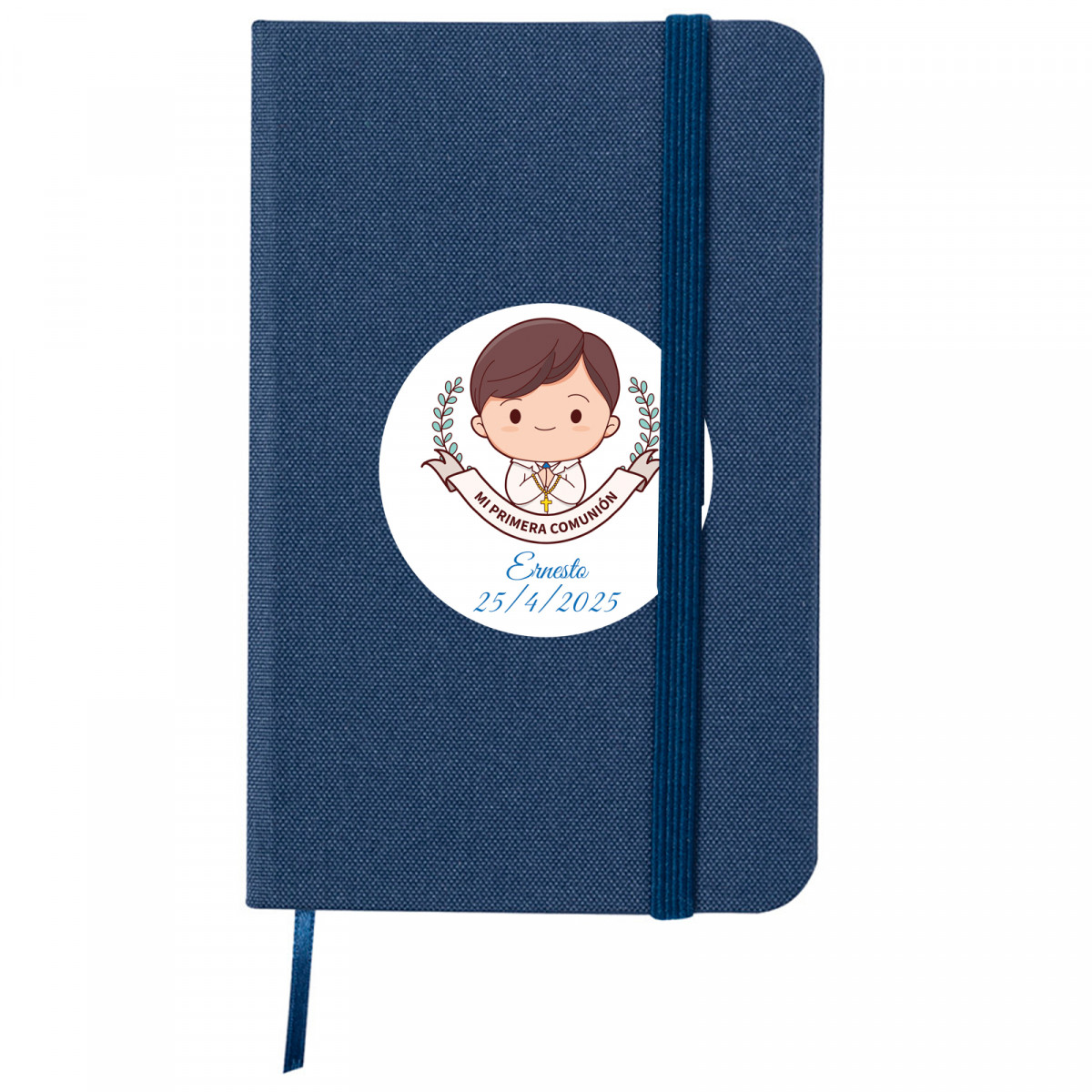 Carnet à couverture rigide avec autocollant personnalisable pour la première communion à offrir en détail