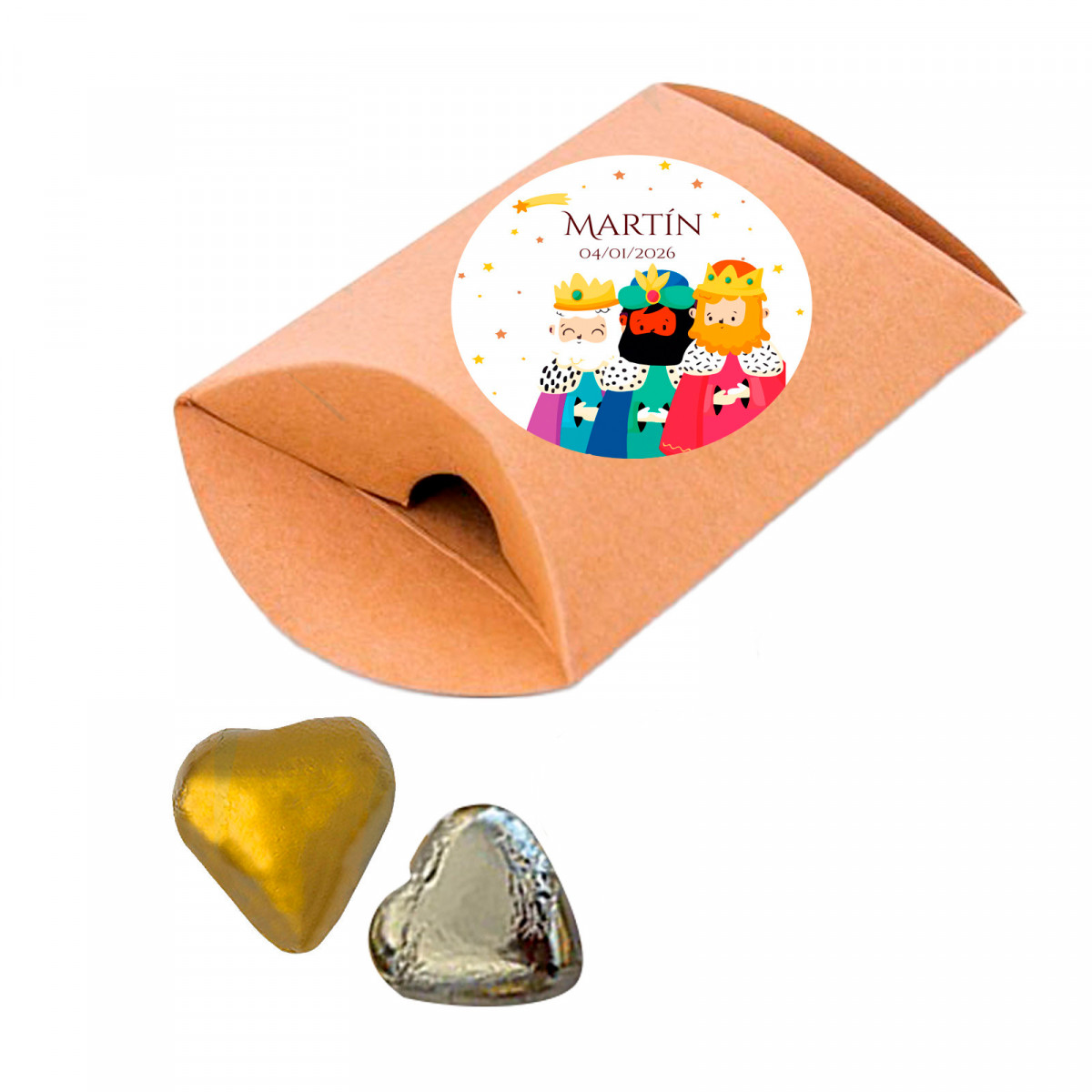 Bonbons fourrés à la crème dans une enveloppe kraft avec un autocollant des rois mages personnalisable pour des cadeaux.