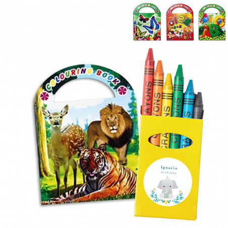 Livre de coloriage avec autocollants et boîte de crayons personnalisés pour baptême
