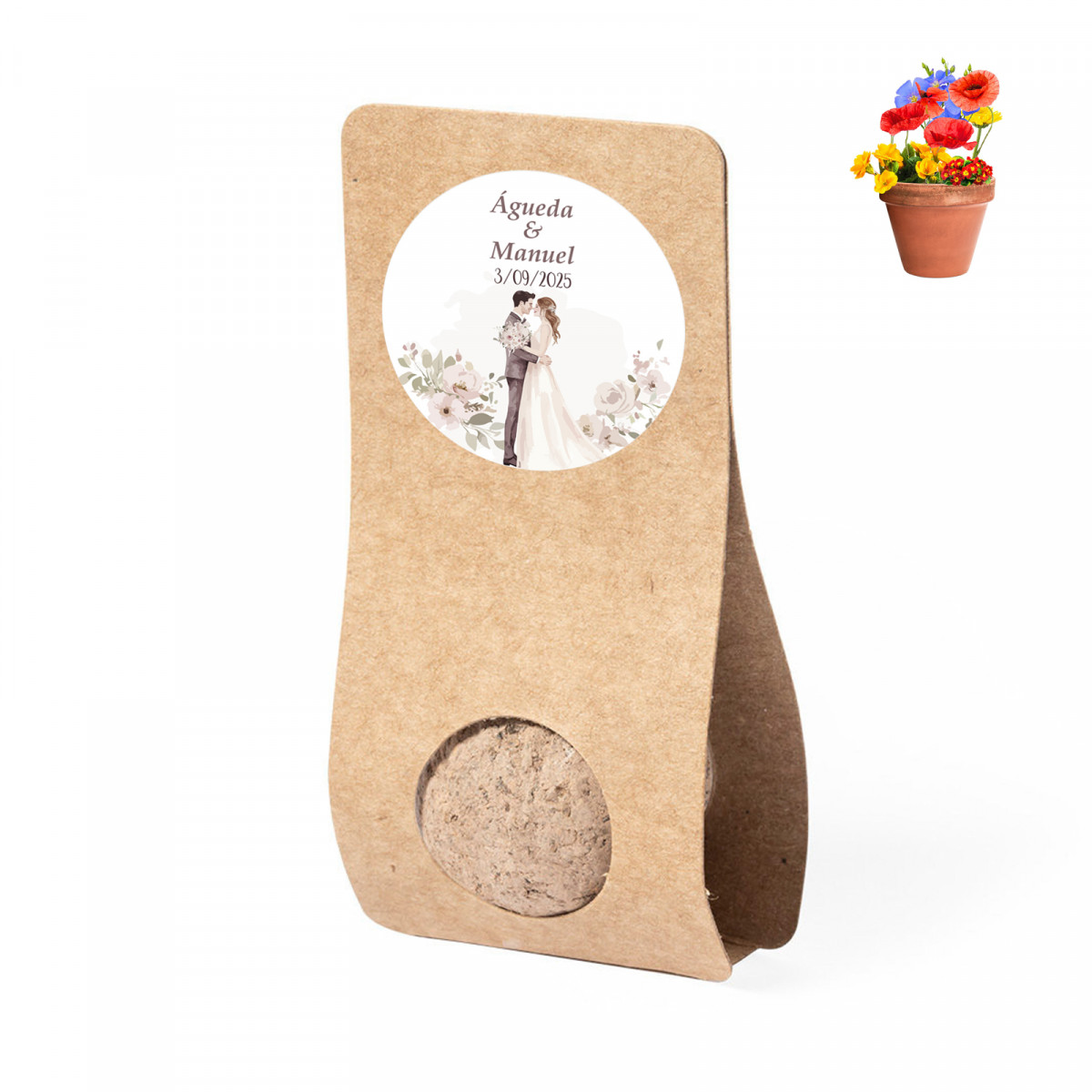 Graines de fleurs en forme de bonbon avec un autocollant personnalisable pour un cadeau de mariage