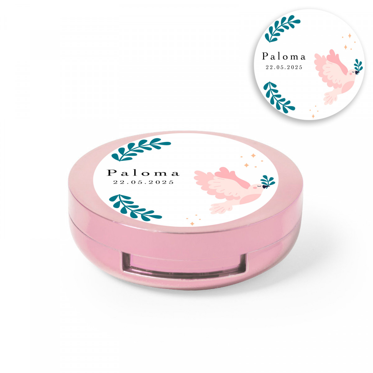 Baume à lèvres rose avec miroir intégré et autocollant personnalisé avec une colombe de la paix
