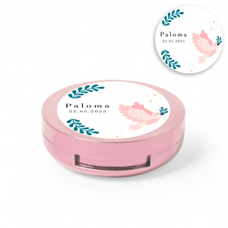 Baume à lèvres rose avec miroir intégré et autocollant personnalisé avec une colombe de la paix