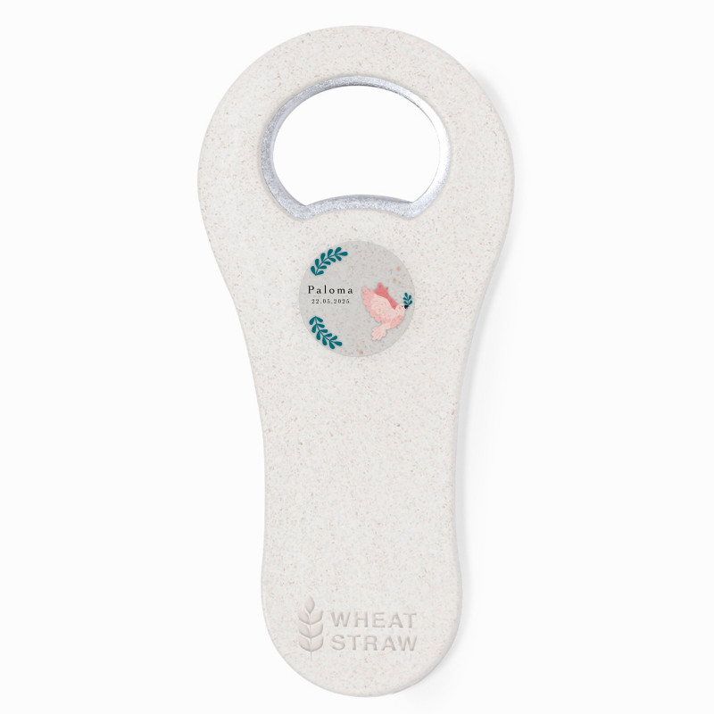 Ouvre-bouteille écologique avec autocollant transparent colombe rose personnalisable pour des détails