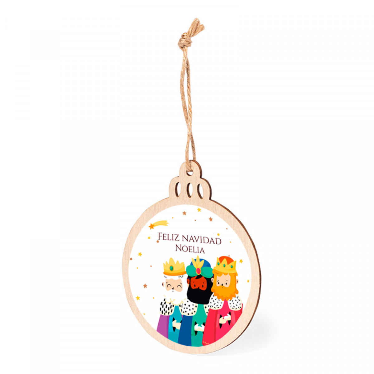Ornement boule de Noël en bois avec autocollant des rois mages personnalisé pour les détails
