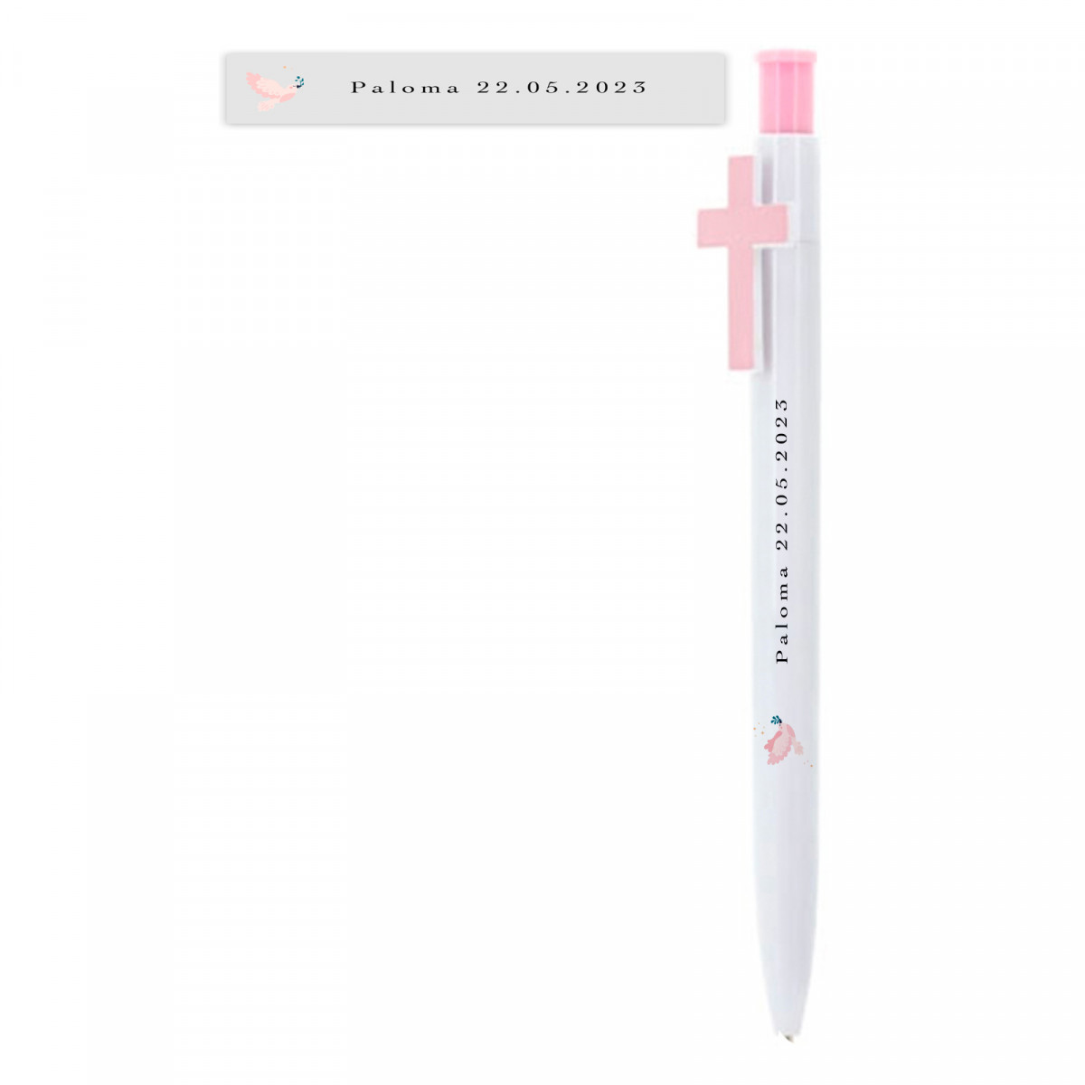Stylo personnalisé pour invités avec croix rose et détail de colombe en vinyle transparent