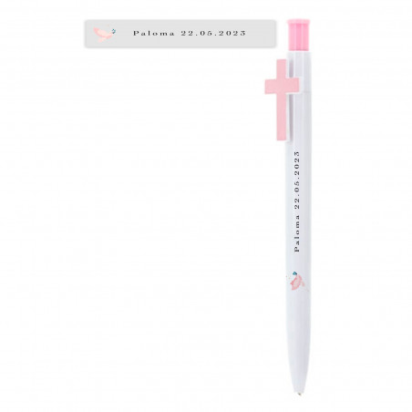 Stylo personnalisé pour invités avec croix rose et détail de colombe en vinyle transparent