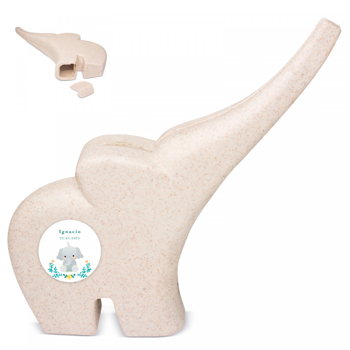 Tirelire en forme d'éléphant avec autocollant personnalisable pour les souvenirs de baptême