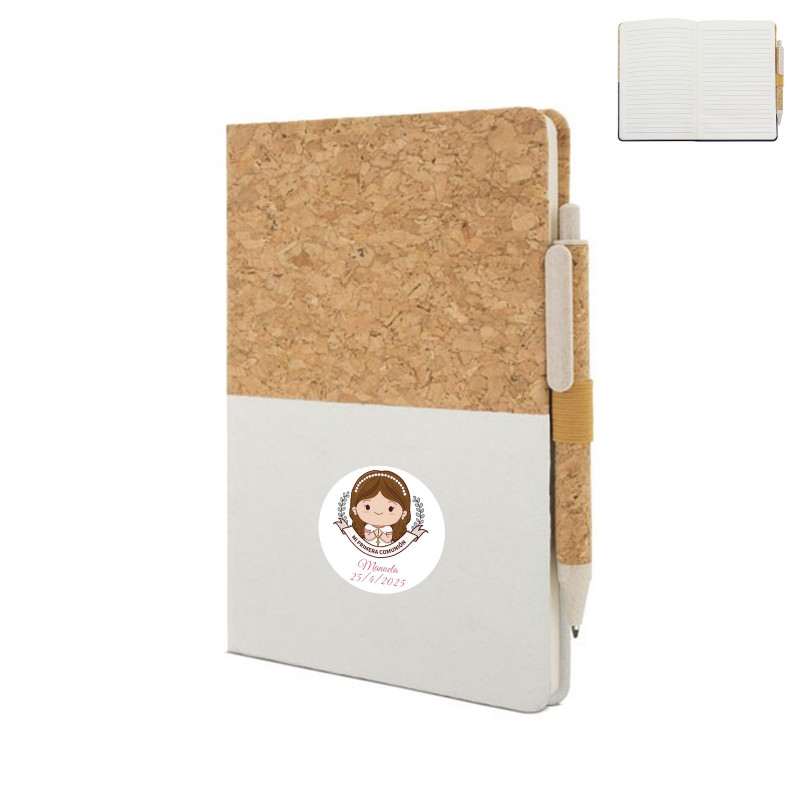 Cahier en liège personnalisé avec autocollant de communion pour fille
